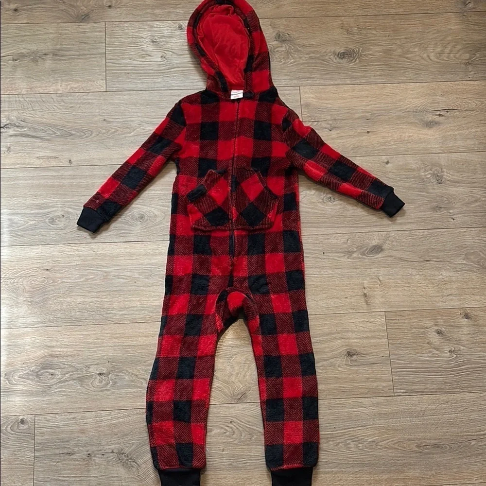 Red and Black Plaid Hooded Fleece Onesie
